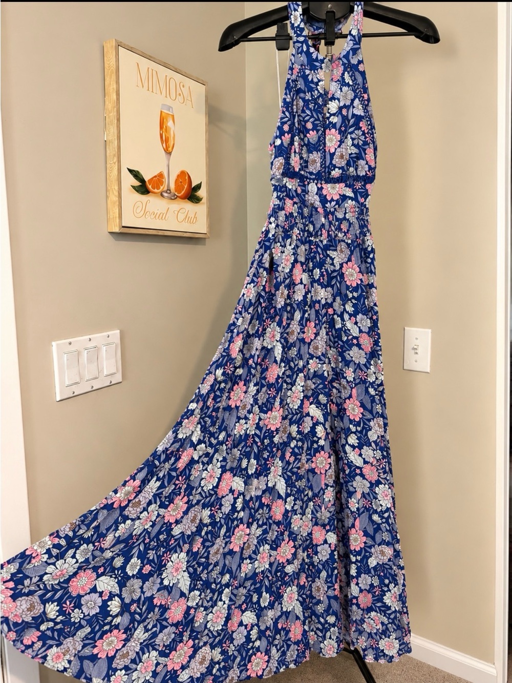 Abel The Label Blue Floral Halter Open Back, Front Slit Maxi Dress Size S